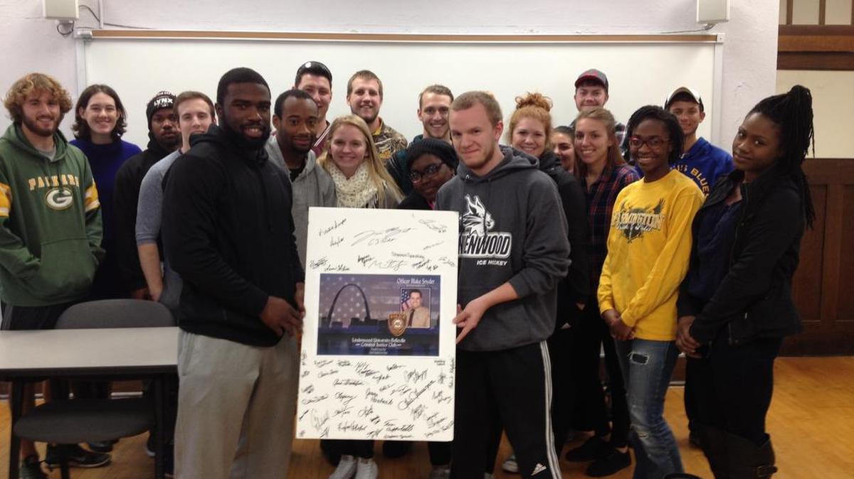 Students in the Criminal Justice Club at Lindenwood University-Belleville recently raised funds to benefit the family of fallen St. Louis County Police Officer Blake Snyder.