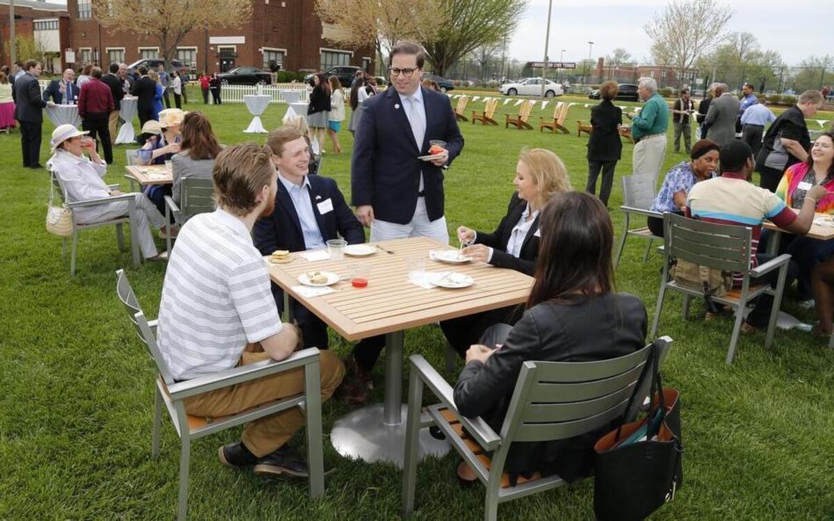 Lindenwood Belleville President Brett Barger talks with students during the university’s first President’s Spring Tea.