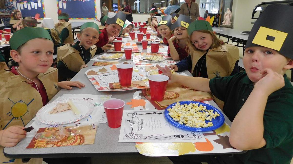 First- and second-graders at Saints Peter and Paul Catholic School in Waterloo feasted on foods similar to what the pilgrims and Native Americans ate at the first Thanksgiving.