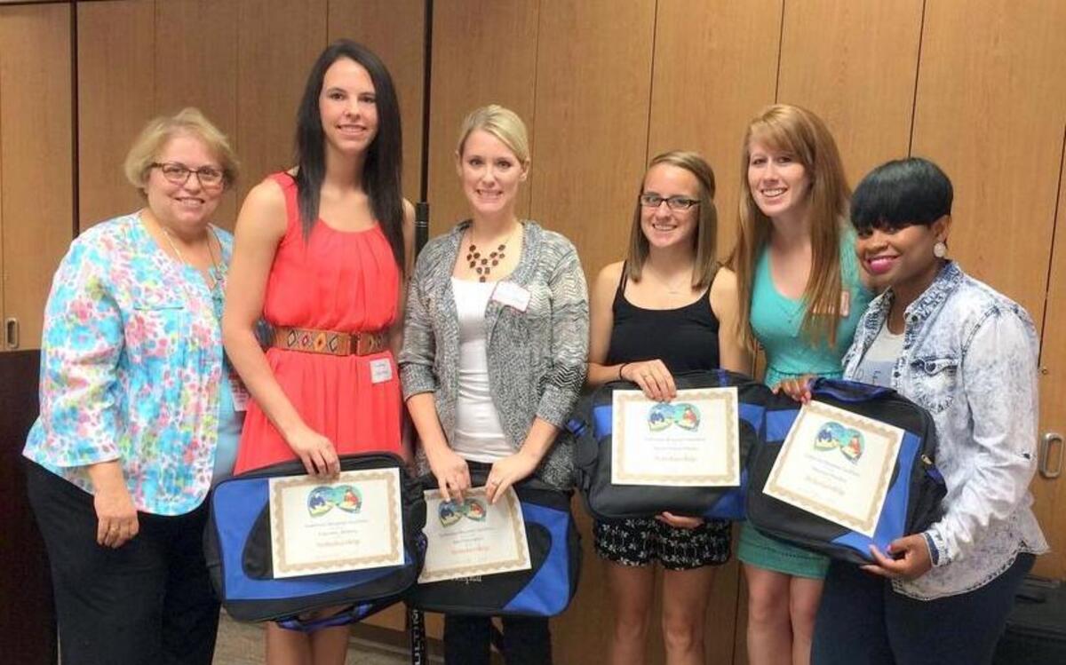 
Judy Eft, left, of the Anderson Hospital Auxiliary Scholarship Committee, presented scholarships to Courtney Deiters, Amy Essenpreis, Taylor Prusa, Abigail Sowash and Shannon Stuckey.
