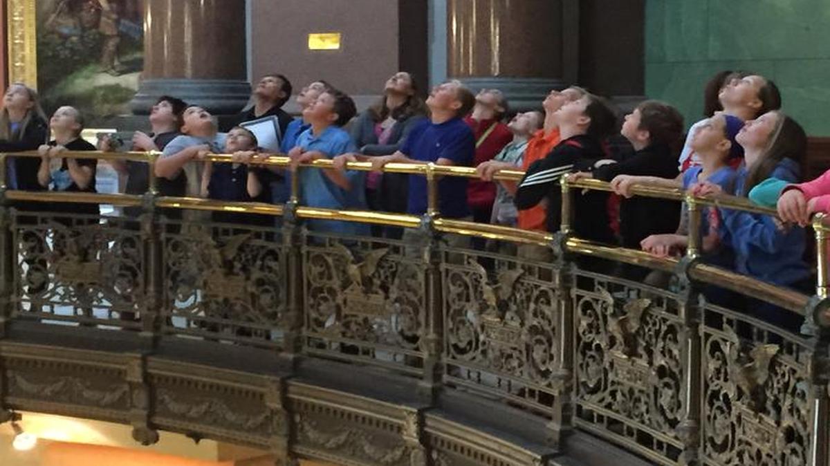 
Saints Peter and Paul Catholic School seventh-graders admire the dome from inside the Old Capitol in Springfield.

