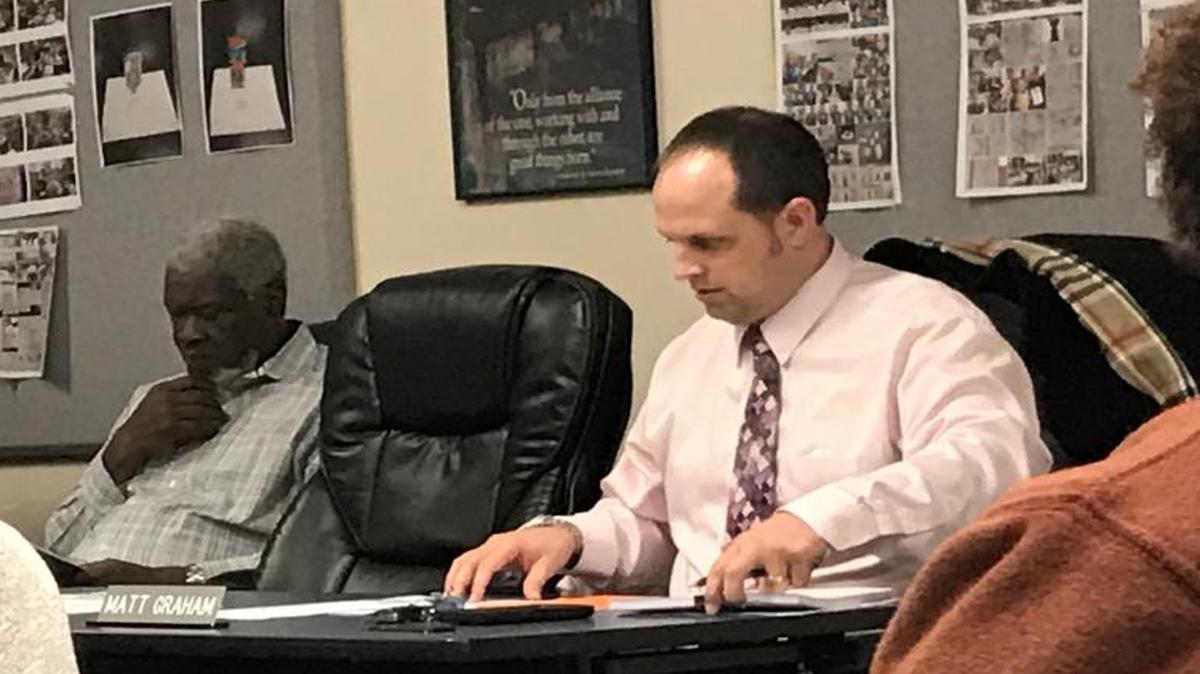 Matt Graham, who resigned as principal of Emge Junior High School is seen before Monday’s meeting.