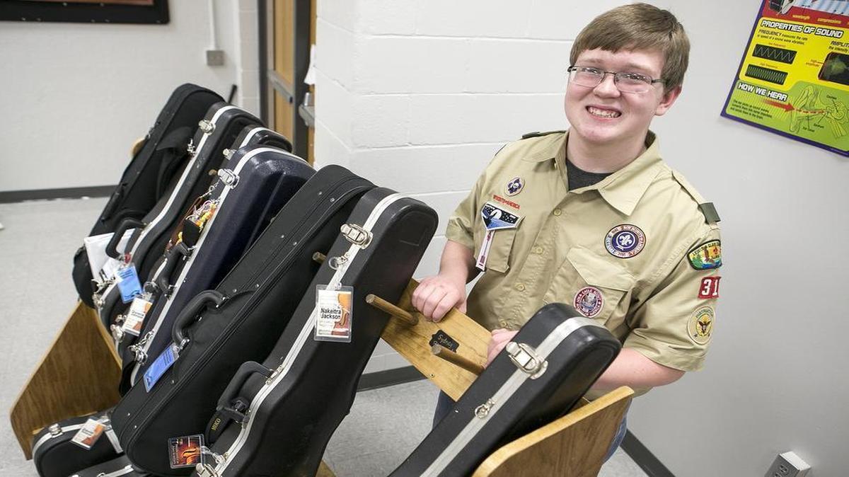 
Danny Duncan, of Edwardsville, designed and built instrument racks for the Liberty Middle School orchestra and music class as his Eagle Scout project.
