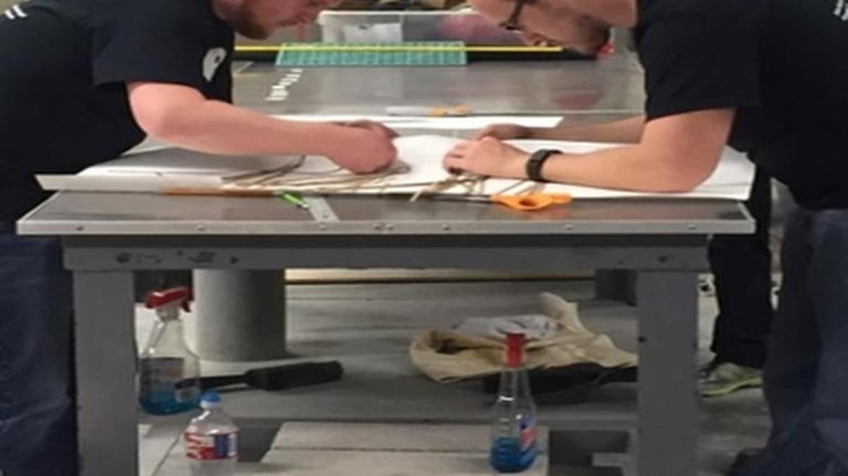 SIUE School of Engineering students Jalen Bachman, left, and David Molohon work on the ASCE GeoWall competition.