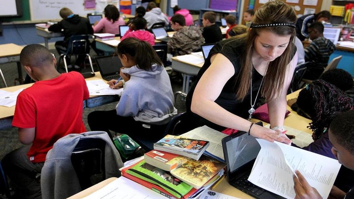 In this 2016 file photo, Brittany Becker teaches a sixth-grade class at Union Elementary School in Belleville.