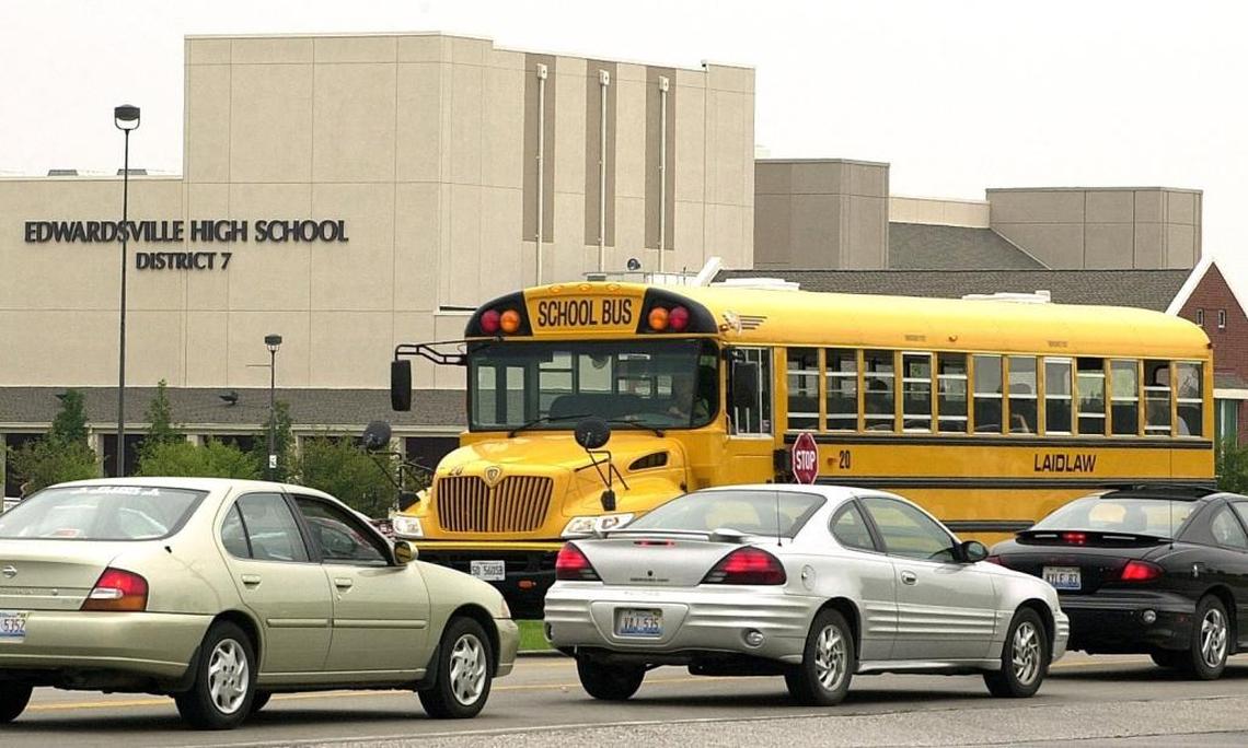 In this 2005 file photo, a Laidlaw school bus departs Edwardsville High School.