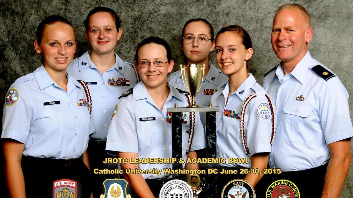 
The team portrait from the Dupo/Columbia JROTC Leadership and Academic Bowl in June, with cadets Shelby Crook, left, Taylor Law, Emily Rendleman, Zoe Schmidt, Kaylee Fisk and Major Mike Conley.
