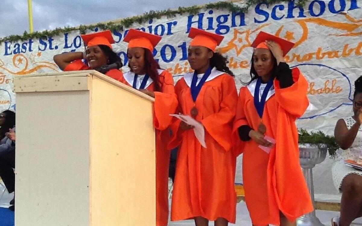From left to right, Kayla Lee, Nicquayleeonntea Moore, Charmalya Smith and Andriel Weir are pictured at the East St. Louis Senior High School graduation ceremony on May 17, 2017.