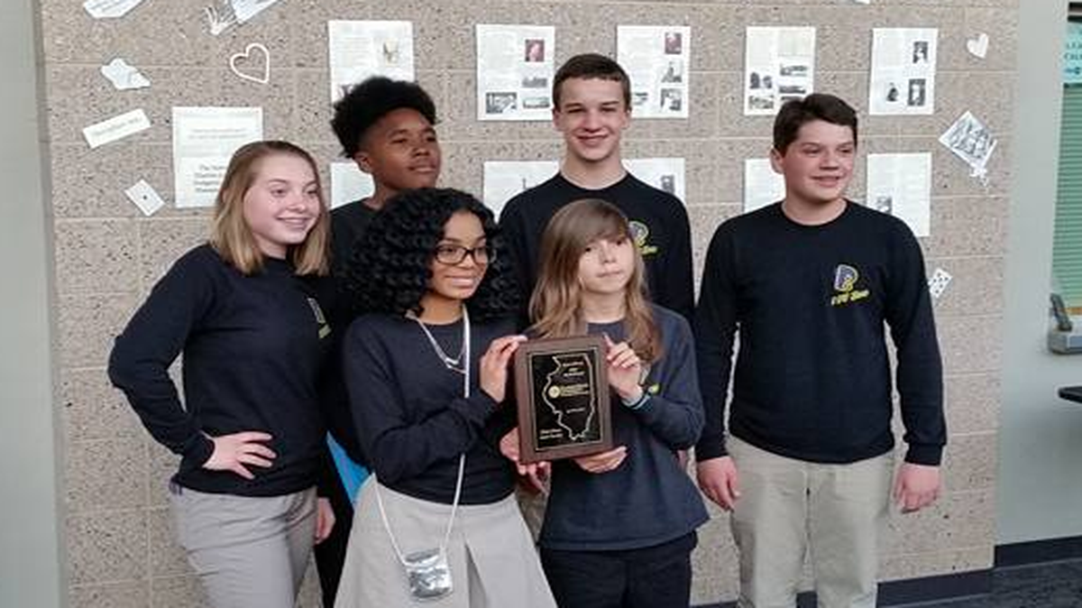 The Belleville District 118 Jazz Combo placed first in the Illinois State Jazz Invitational, where the junior high students competed against high school combos. They are Nina Goodrich, back row, left, Jeremiah Williams, Isaiah Hein, Braden Valerius and Jada Dorsey, left, and Kaleb Powell.
