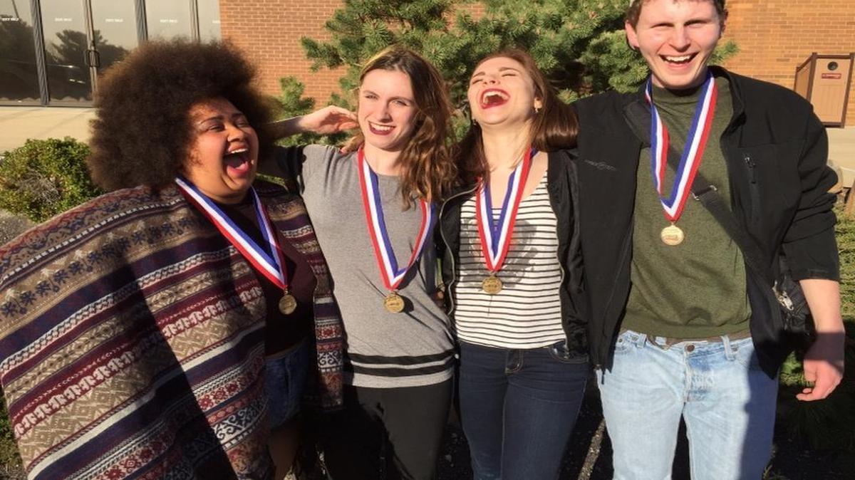 Janae Robinson, left, Rachel Deschaine, Bailey Guinn and Wade Cook, of “Vanya and Sonia and Masha and Spike,” were all named to the All-State Cast at the IHSA State Drama contest.
