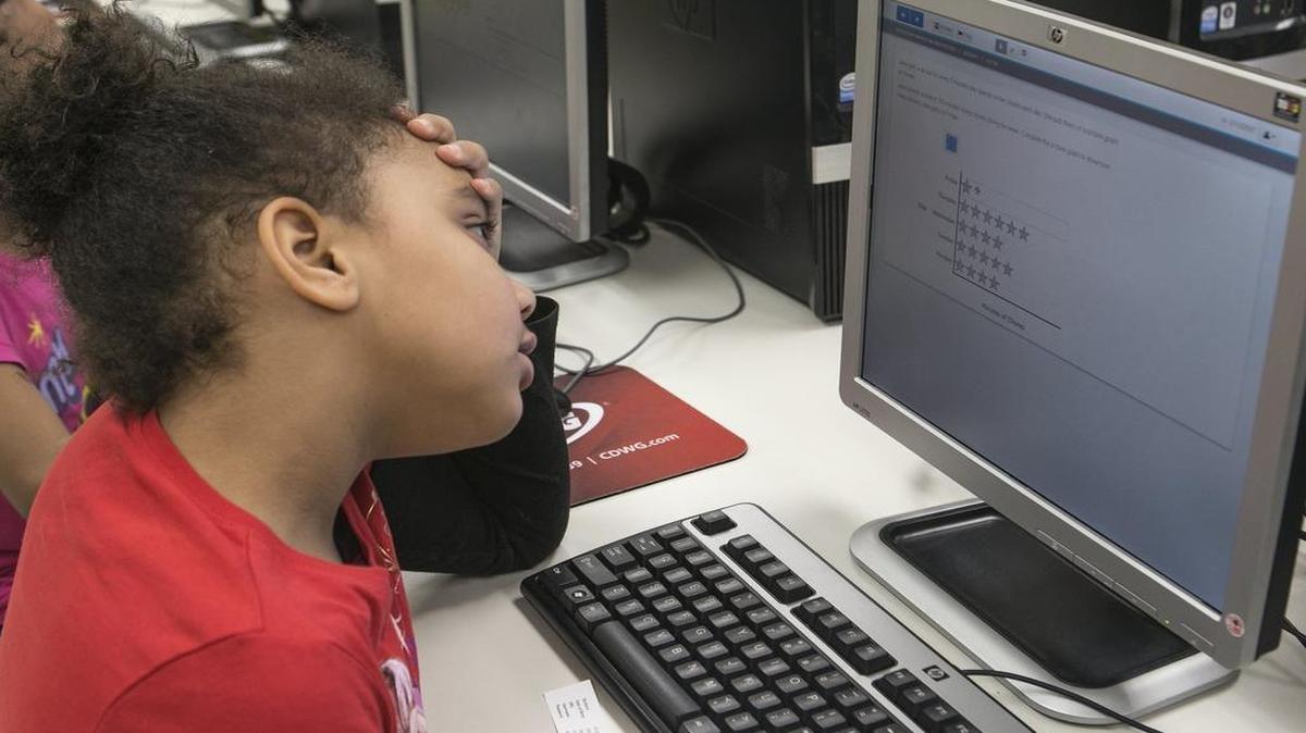 
Heavenlee Rehg and other third grade students at Illini Elementary school in Fairview Heights learn how to take the digital PARCC test earlier this school year. The students are not learning material but learning how the test questions and answers work, several of the questions require interacting with the test.
