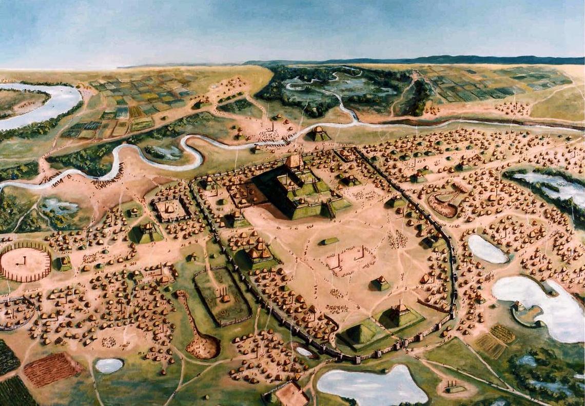 This artist rendering imagines what the ancient city of Cahokia might have looked like before its Native American residents abandoned it in the late 1300s.
