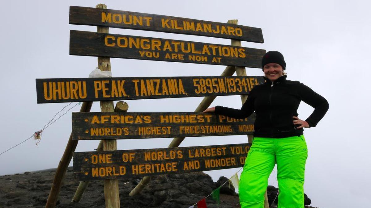 Leia Johnson, 35, of Belleville, hiked to the top of Tanzania’s Mount Kilimanjaro last month to raise awareness and funds for women in East African war zones.