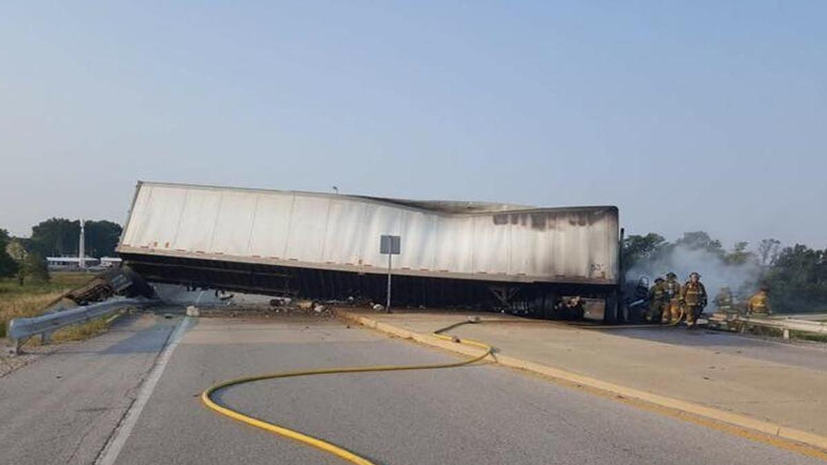 A semi, pictured, veered off the Interstate 70 and caught fire early Thursday morning near Pocahontas Road.