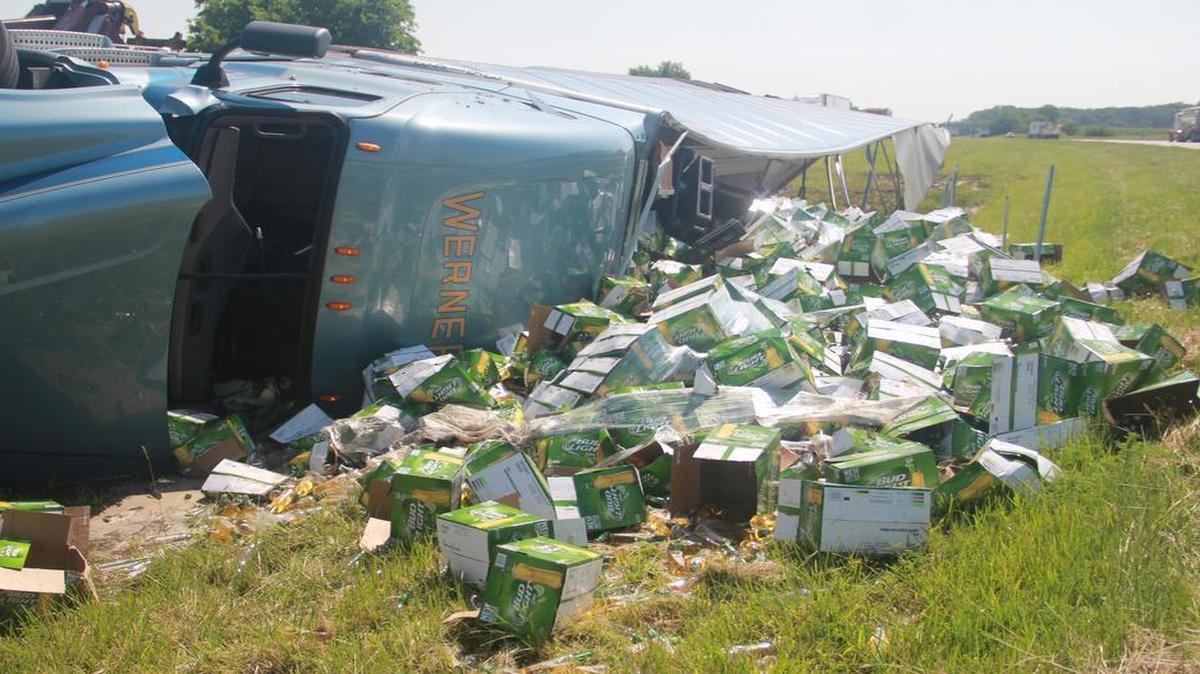 
A 18-wheeler, hauling a load of Bud Light Lime beer, overturned Tuesday morning just east of Highland on westbound Interstate 70,between mile marker 27 and 28. The driver of the truck was taken to Anderson Hospital. Gregg Cox, a Commercial Vehicle Officer with the Illinois State Police, said it appears the driver might have fallen asleep before he ran off the highway.
