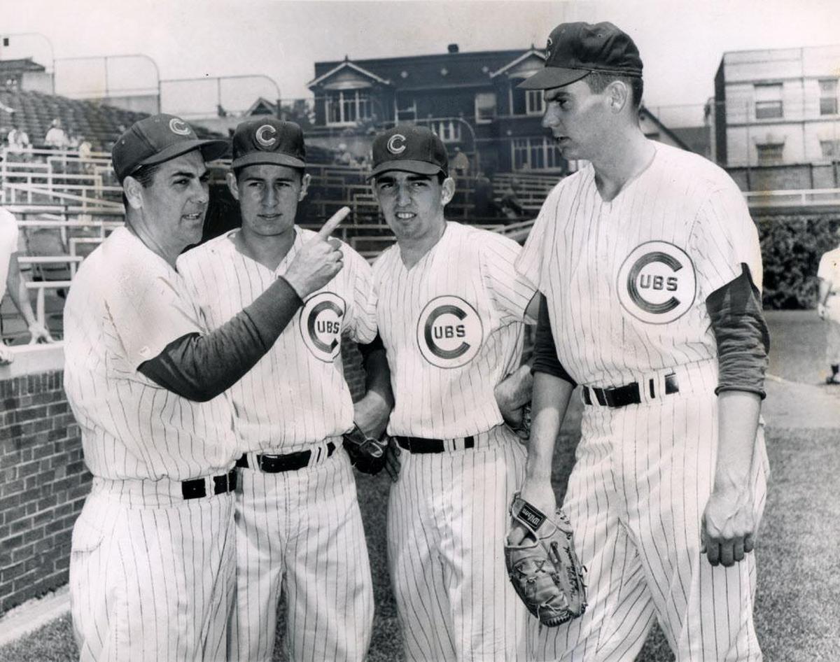 Copy of a Sun-Times file photo from June 1960 at Wrigley Field of the Cubs’ Kiddie Corps. left to right: Manager Lou Boudreau, third baseman Ron Santo; outfielder Danny Murphy; and pitcher Dick Ellsworth.