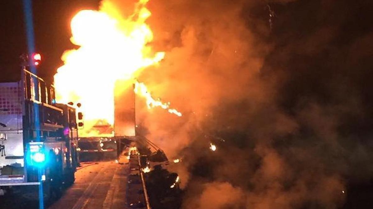Illinois State Police said a tractor-trailer driver escaped a fire early Wednesday morning on Interstate 270. Westbound lanes going into St. Louis were expected to be closed as officials worked on scene.