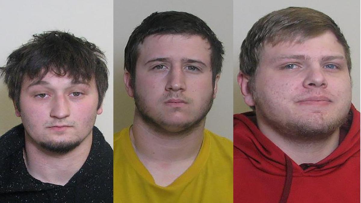 From left, Logan J. Brave, 20, Nicholas Kernan, 20, and Trevor A. Harrison, 21, all of Highland, were charged Friday in Madison County Circuit Court with five separate felony counts of burglary.