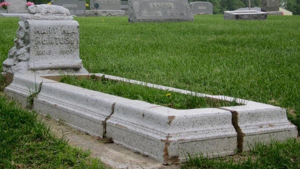 
A child's grave at Fairland Cemetery in Maryville, where several unmarked graves have recently been discovered by ground-penetrating radar.
