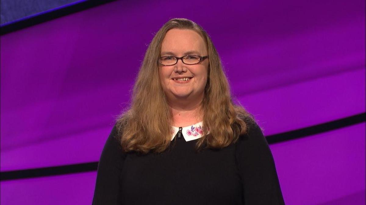 Kelly Lasiter poses on the set of Jeopardy in late March.