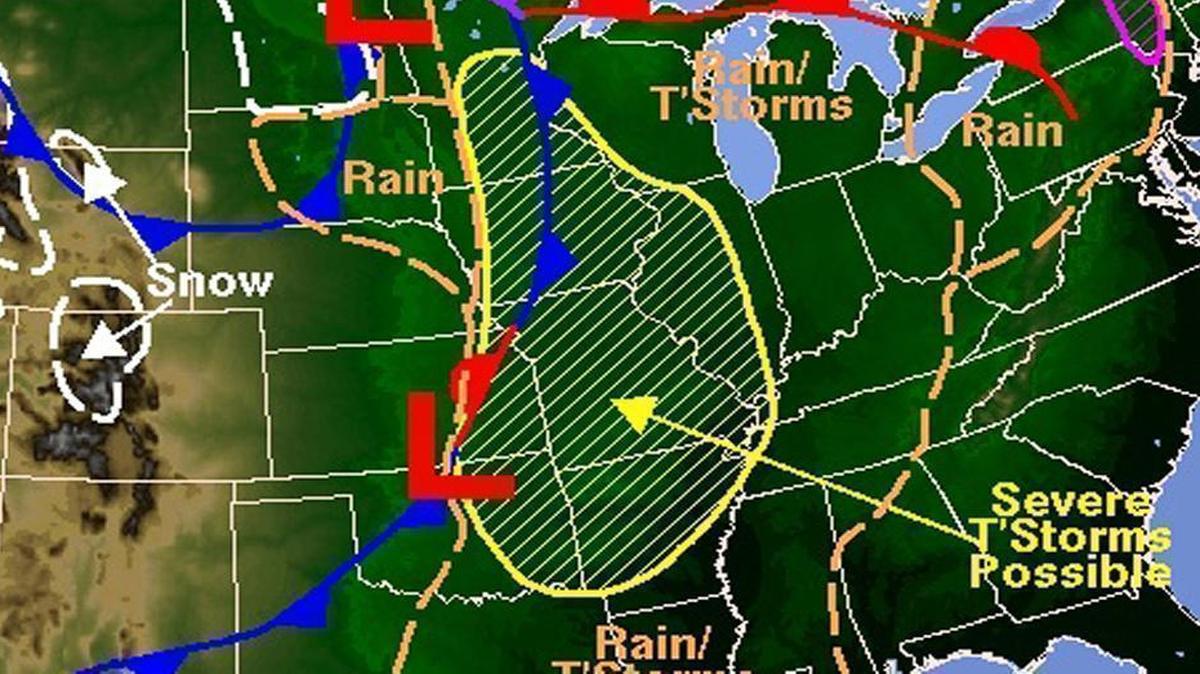 A National Weather Service map late Monday afternoon shows the area of possibly severe storms over the metro-east and much of the rest of the Midwest.