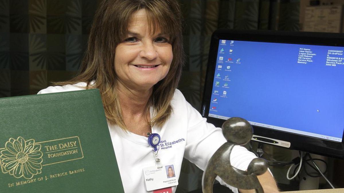 
Kathy Dryden, a nurse who works in the Critical Care Unit at St. Elizabeth's Hospital in Belleville, was recently awarded the DAISY Foundation Award for Extraordinary Nurses.
