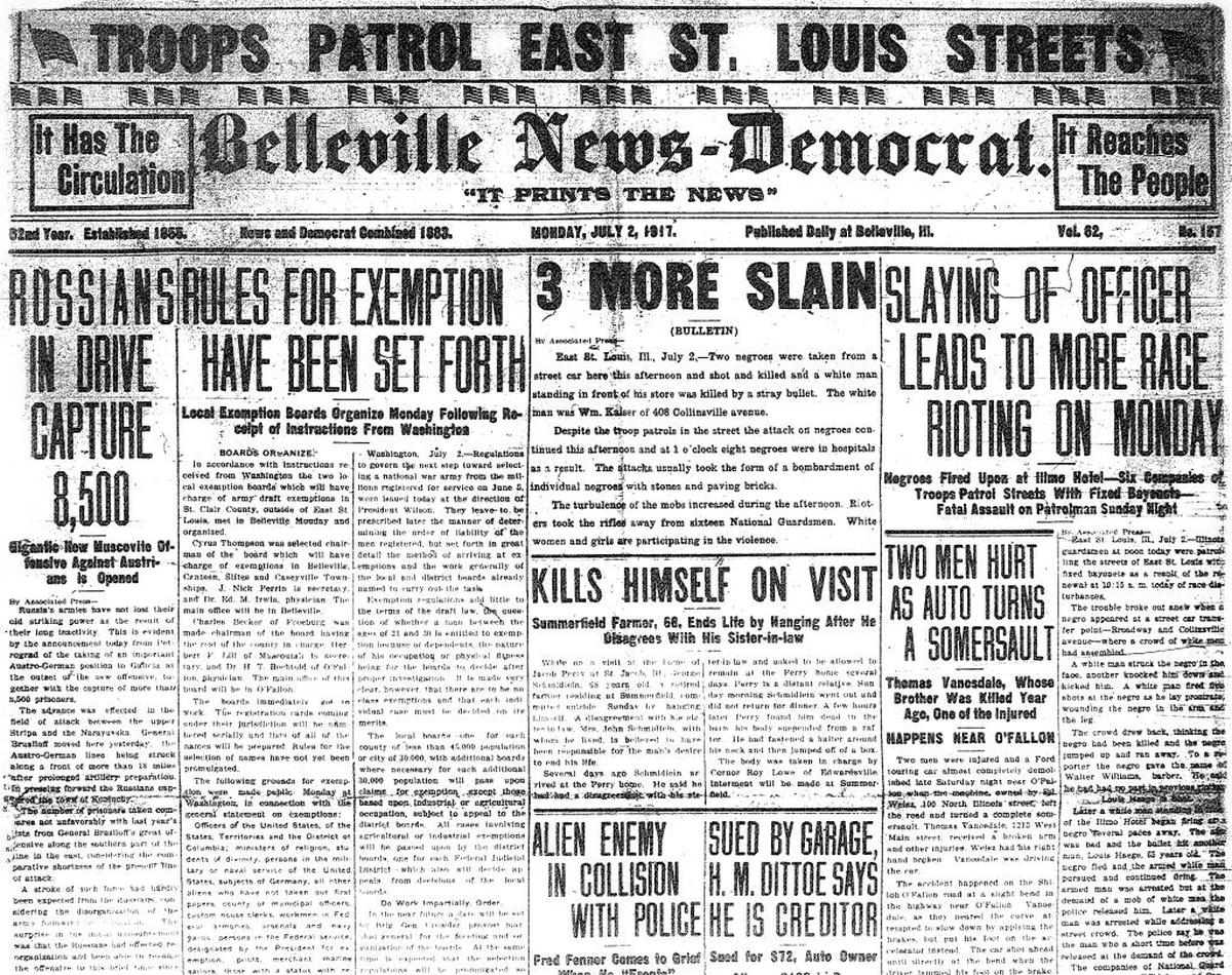 The Belleville News-Democrat front page from the afternoon of July 2, 1917, reports on the race riot in East St. Louis.