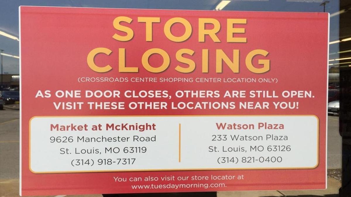 The Tuesday Morning location at 10850 Lincoln Trail in Fairview Heights will close, according to signs that surfaced on the building over the weekend. It’s not clear when or why.