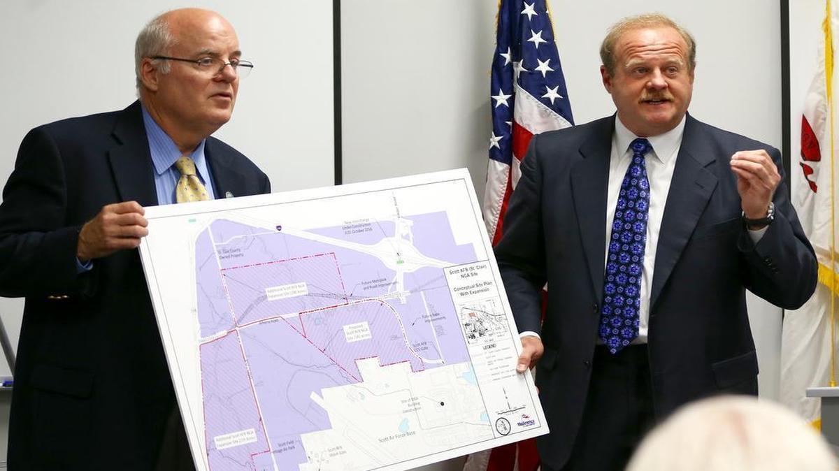 St. Clair County Board Chairman Mark Kern, at right, announced earlier this month the county is offering an additional 200 acres to the National Geospatial-Intelligence Agency in an effort to bring the agency to a county-owned site nextdoor to Scott Air Force Base. The county had already offered 182 acres to the NGA, which is planning to relocate by 2021.