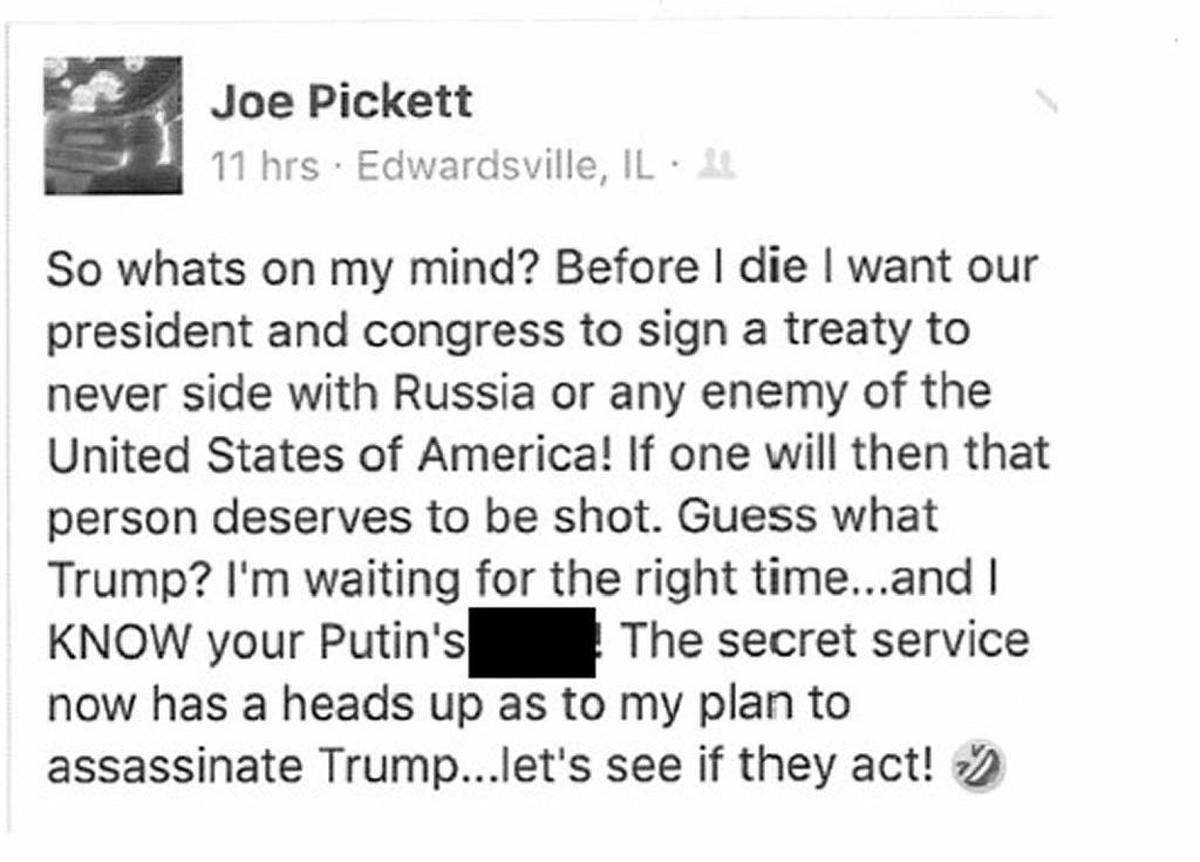 The criminal complaint against Joseph L. Pickett included screenshots of Facebook posts.