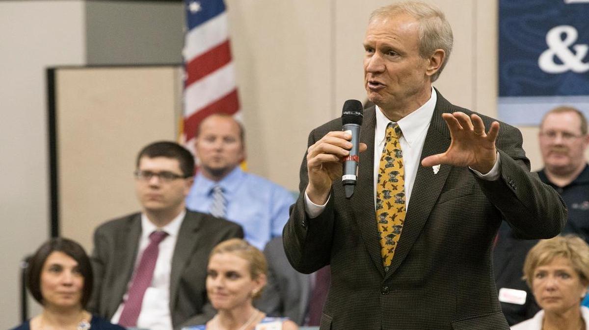 
Gov. Bruce Rauner speaks to members of the Greater Belleville Chamber of Commerce on Friday.
