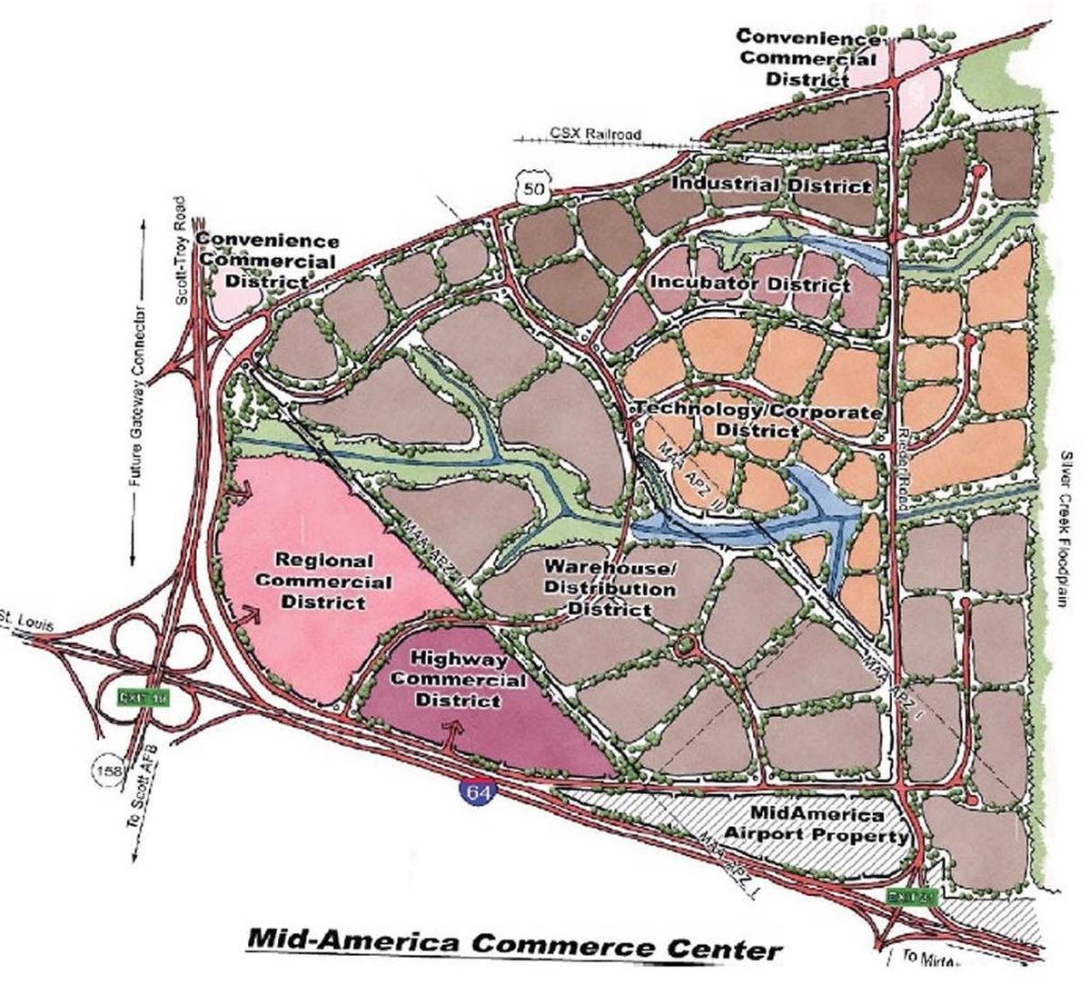 This layout concept shows how a commerce district could potentially be developed on land north of Interstate 64. The layout could be significantly different depending on actual development opportunities.