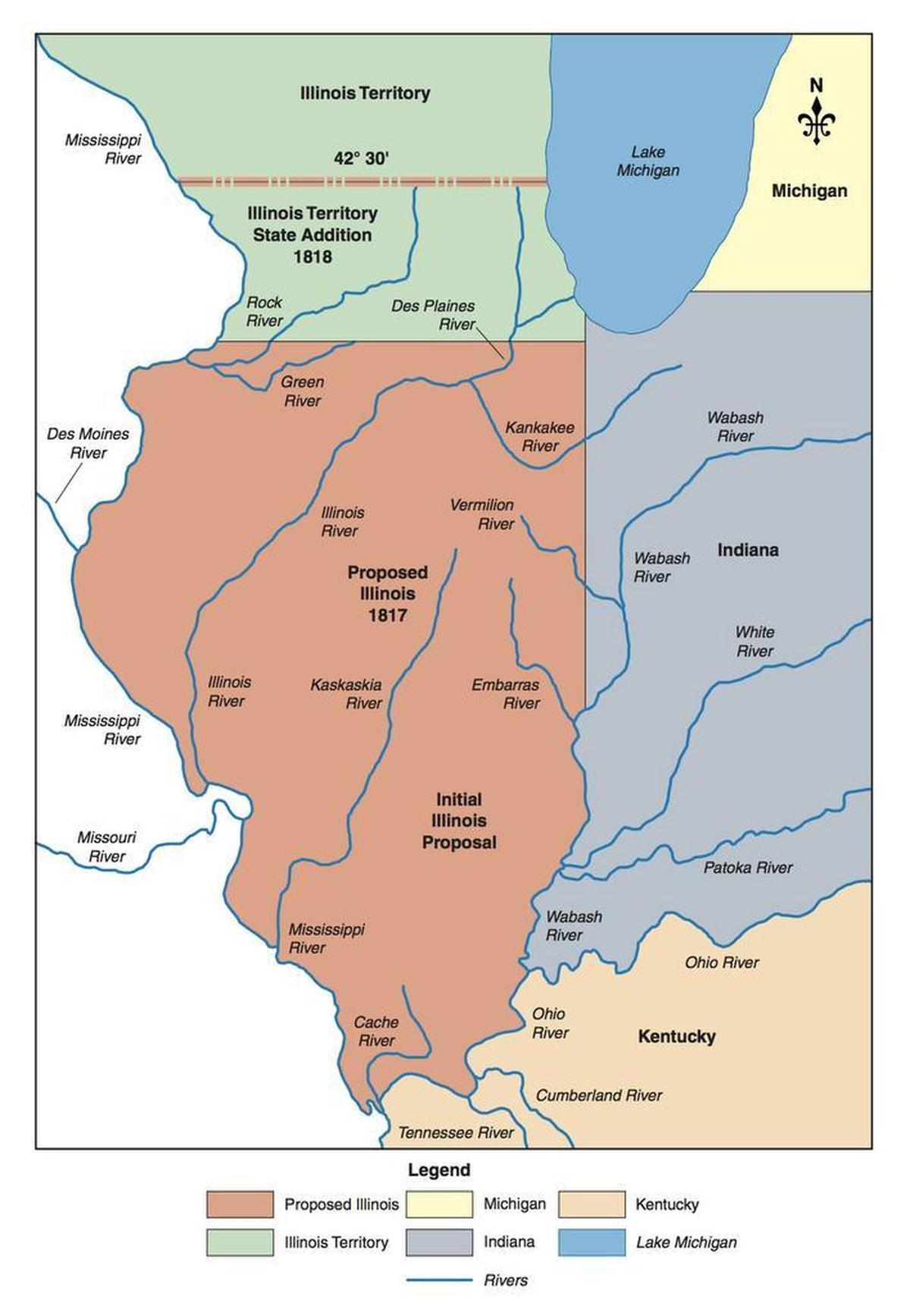 A map showing the original and approved northern Illinois boundary lines.