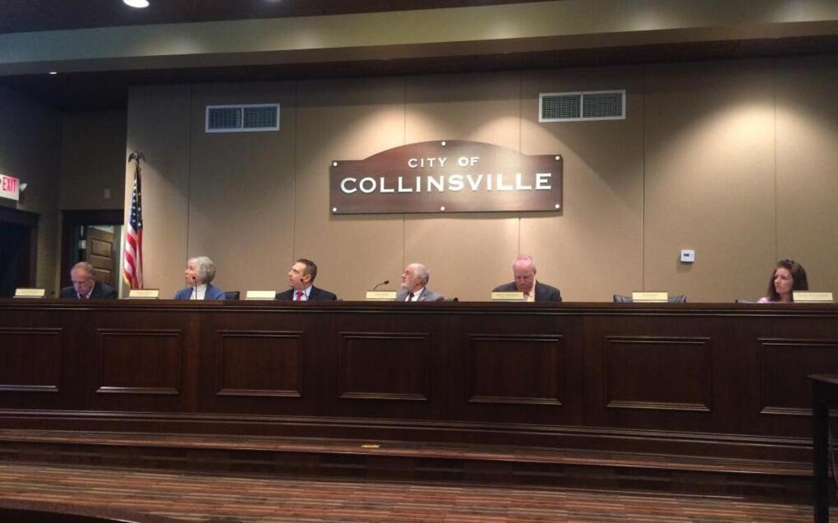 The Collinsville City Council considers an ordinance at its Nov. 23 meeting. From left to right: Councilman Jeff Stehman; Councilwoman Nancy Moss; Interim City Manager Mitch Bair; Mayor John Miller; Corporate Counsel Steve Giacoletto; Councilwoman Cheryl Brombolich. Councilman Jeff Kypta was not present at the meeting.