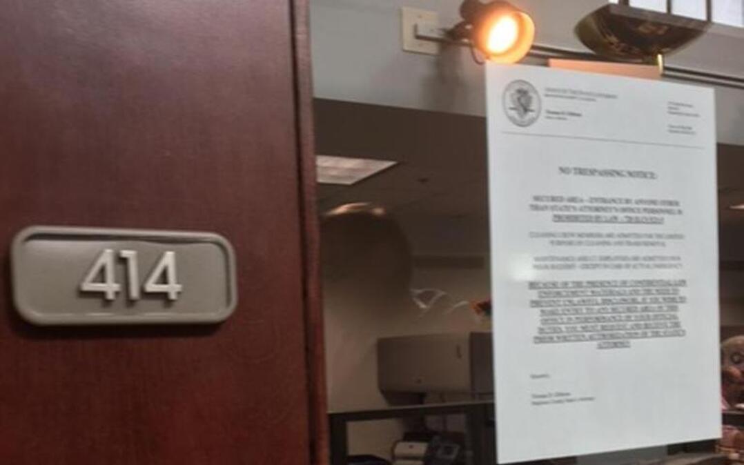 No trespassing sign was taped to the door of Madison County State’s Attorney’s Office after a reported break-in at the Madison County Administration Building.