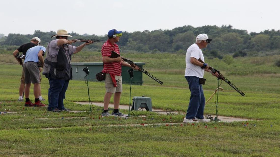 In this Wednesday, Aug. 5, 2015, photo, a squad of shooters participate in opening day competition at the Grand American World Trapshooting Tournament at the World Shooting and Recreation Complex in Sparta. The state announced Monday the event will not happen this year in Sparta due to COVID-19 health concerns.