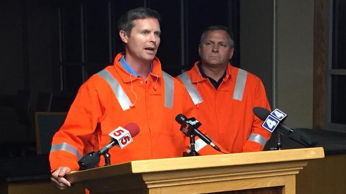 
U.S. Rep. Rodney Davis, R-Taylorville, left, and U.S. Rep. Mike Bost, R-Murphysboro, speak Tuesday at U.S. Steel in Granite City.
