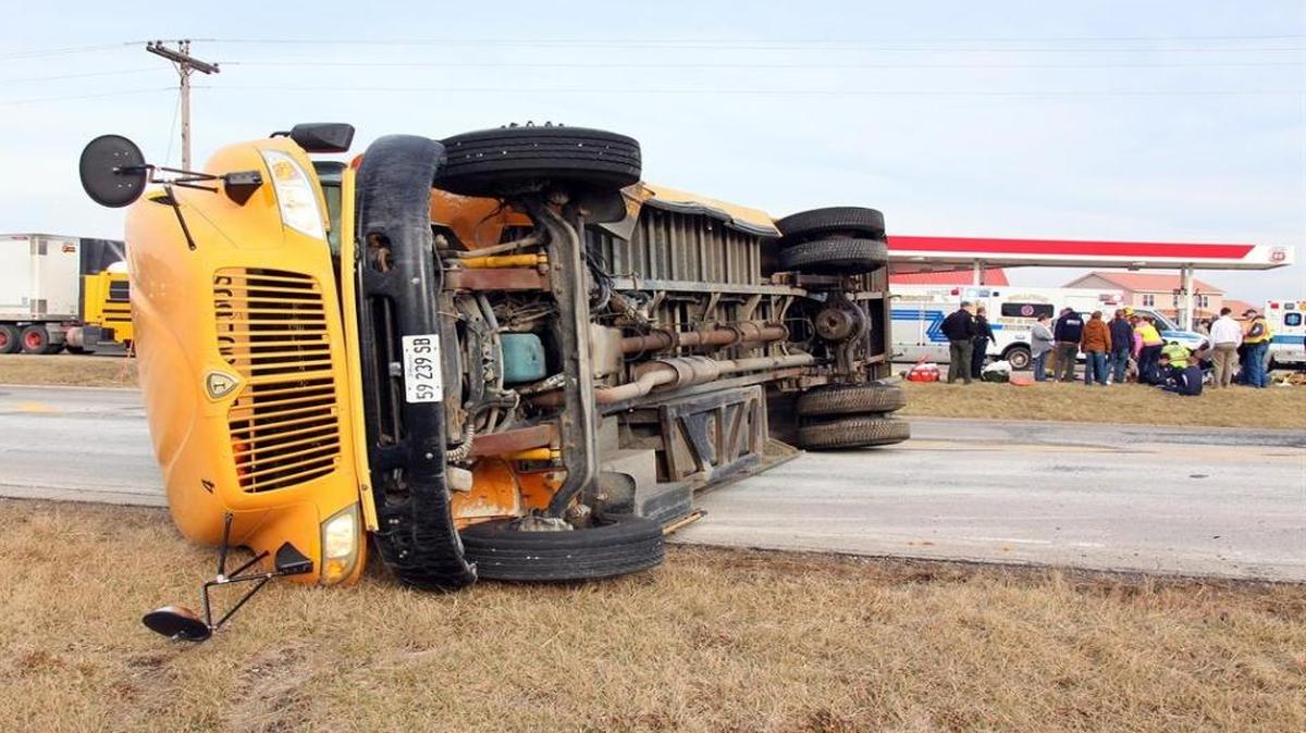 The Teutopolis bus ended up on its side.