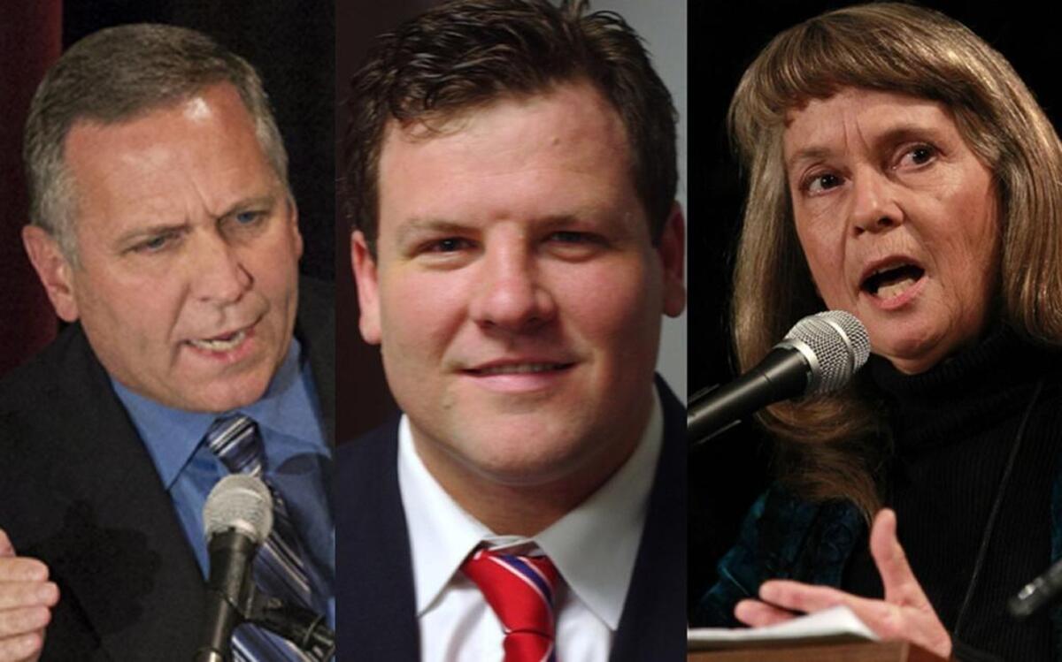 Candidates in Illinois’ 12th Congressional District, from left: Incumbent U.S. Rep. Mike Bost, R-Murphysboro; Democratic challenger C.J. Baricevic of Belleville; and Green Party challenger Paula Bradshaw of Carbondale.