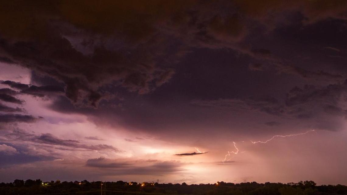 In this June 4, 2016, file photo, a bolt of lightning illuminates the sky outside of St. Joseph, Missouri. The National Weather Service has issued a hazardous weather outlook Sunday for portions of eastern and central Missouri as well as west central and southwest Illinois. St. Clair, Madison and Monroe counties are included in the area that could see severe storms Sunday.