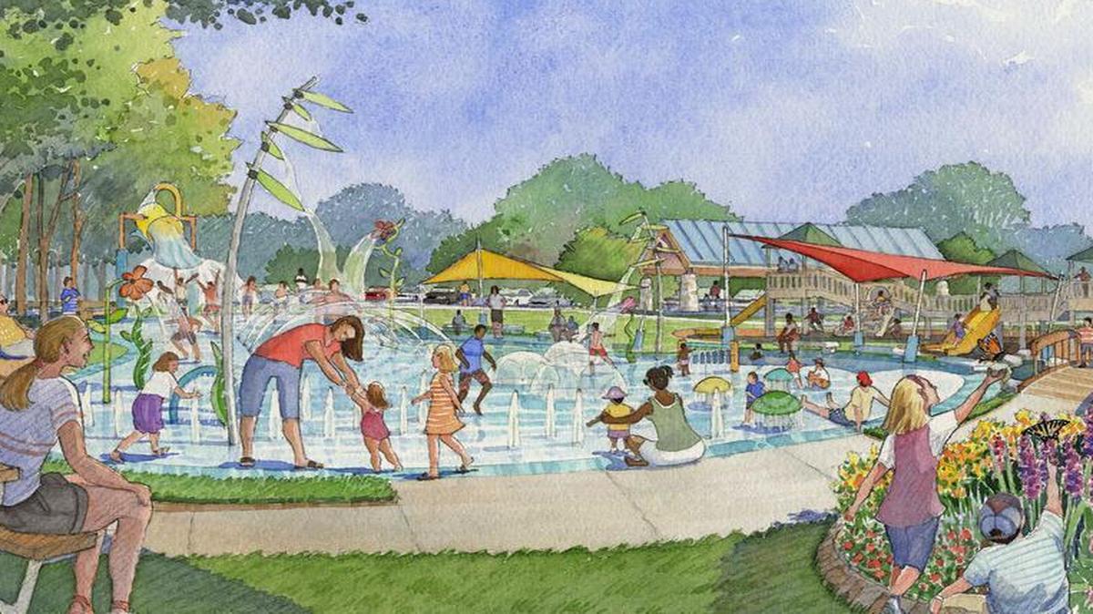 
An artist’s rendering of the proposed Spray and Play Park in Edwardsville, which will be located adjacent to the new public safety building planned for the former Madison County Shelter Care site. The park will include both a “splash pad” play area and a “dry” playground with activities accessible for children of all abilities under the Americans with Disabilities Act.
