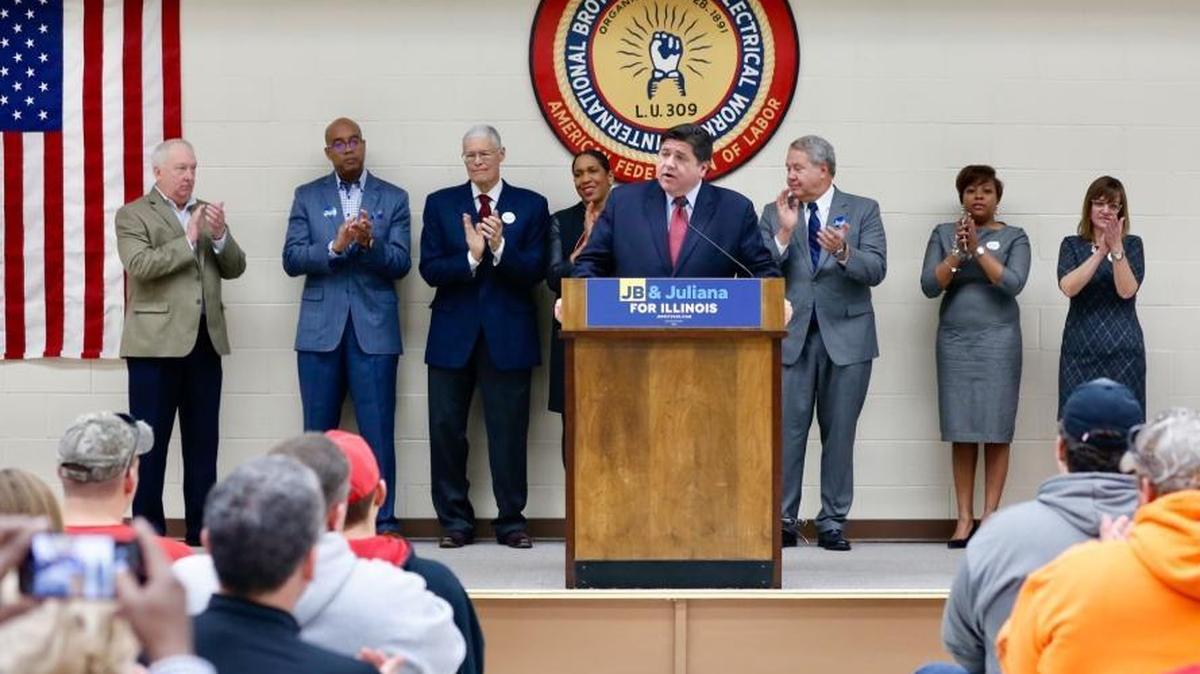 From left, former state Rep. Dan Beiser, state Sens. James Clayborne, and Bill Haine, lieutenant governor runningmate Julianna Stratton, gubernatorial candidate J.B. Pritzker, state Reps. Jay Hoffman, LaToya Greenwood and Katie Stuart, appeared Sunday at the IBEW Local 309 in Collinsville on Sunday. The Democratic legislators and the former legislator all endorsed Pritzker for governor.