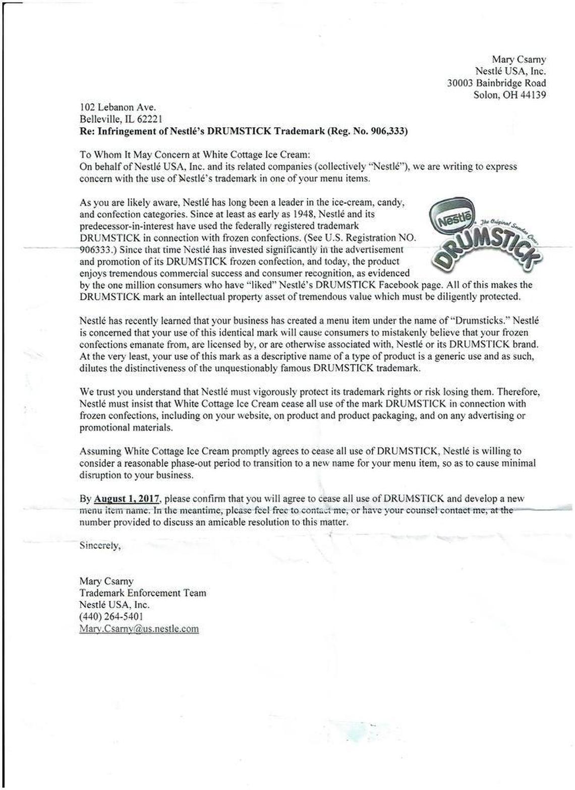 This is the cease and desist letter that Nestle USA sent to White Cottage