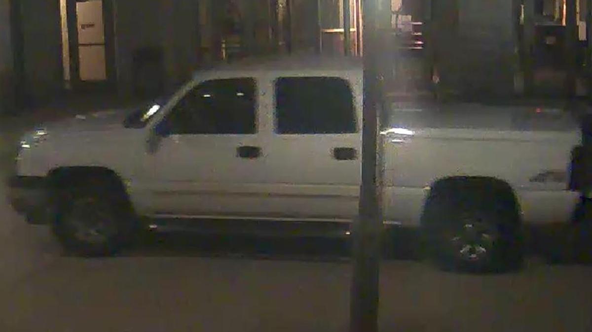 Police are looking for the person in this truck, who they say damaged a metal bench and several concrete steps early Friday morning between the courthouse and the administration buildings in Edwardsville.