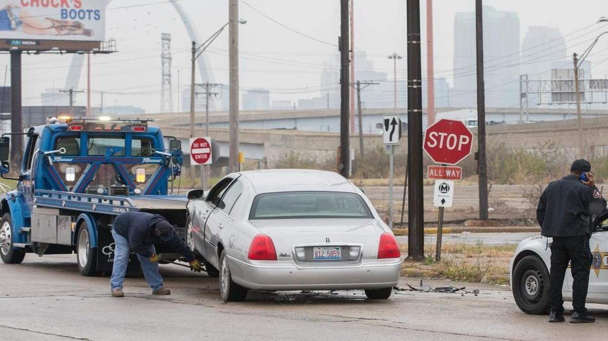 A speeding car led police from East St. Louis into St. Louis across the Martin Luther King Bridge. This vehicle was damaged at the intersection of Martin Luther King and Collinsville Ave. during the chase. The chase ended at about 9:30 a.m. near North Broadway and East Carrie Avenue in St. Louis when car hit a tractor-trailer.