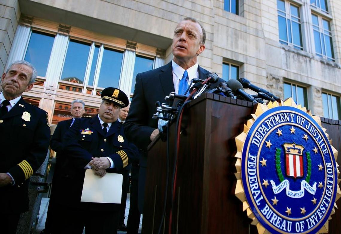 Federal Bureau of Investigation Washington Field Office, Special Agent in Charge, Timothy Slater, with Alexandria Police Department Chief Michael Brown, from left, and United States Capitol Police Chief Matthew Verderosa, speaks to reporters outside the FBI Washington Field Office on Wednesday during a news conference about the investigative findings to date in the shooting that occurred at Eugene Simpson Stadium Park in Alexandria, Va.