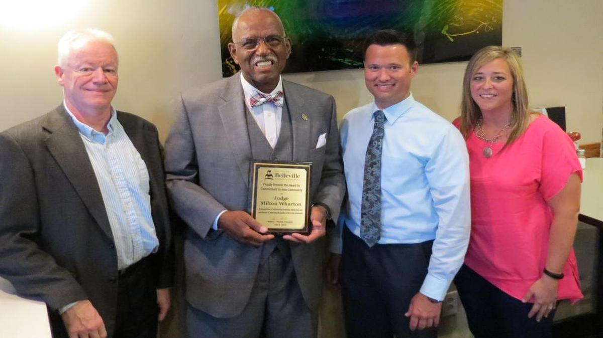 From left to right: Jim Schneider, City of Belleville; Milton Wharton, retired St. Clair County Judge; Justin Chapman, TheBANK of Edwardsville and Wendy J. Pfeil, Executive Director of the Greater Belleville Chamber of Commerce.
