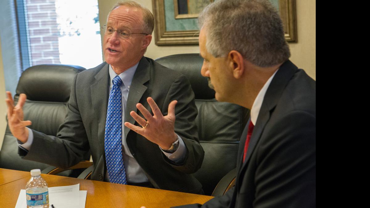 
BJC president and CEO Steven H. Lipstein talks about the future of the two organizations, as Memorial Hospital president and CEO Mark J. Turner listens.
