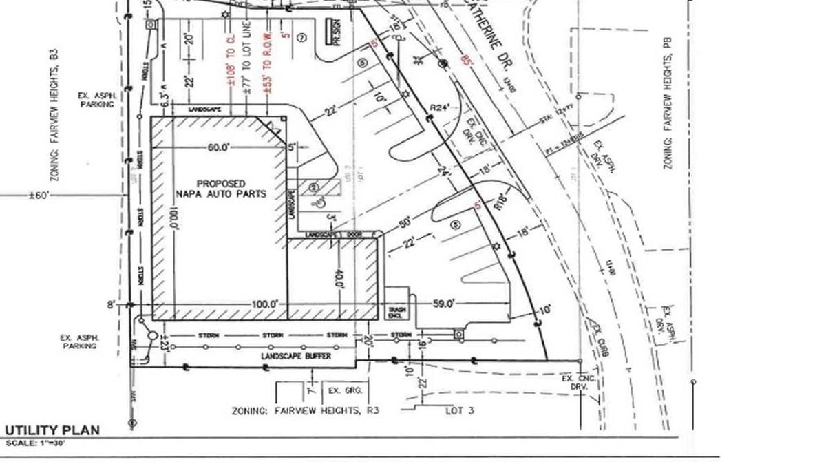 A utility plan shows how a planned NAPA Auto Parts store would sit on a vacant lot at 10408 Lincoln Trail in Fairview Heights. Aldermen approved the sale of the land to developer Jim McKay during their last city council meeting.