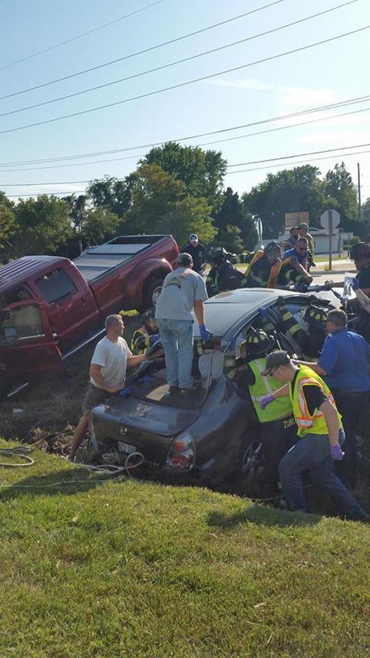 A car and truck collided Saturday at the intersection of Illinois 4 and U.S. 50 in Lebanon, sending both cars into a deep ditch.